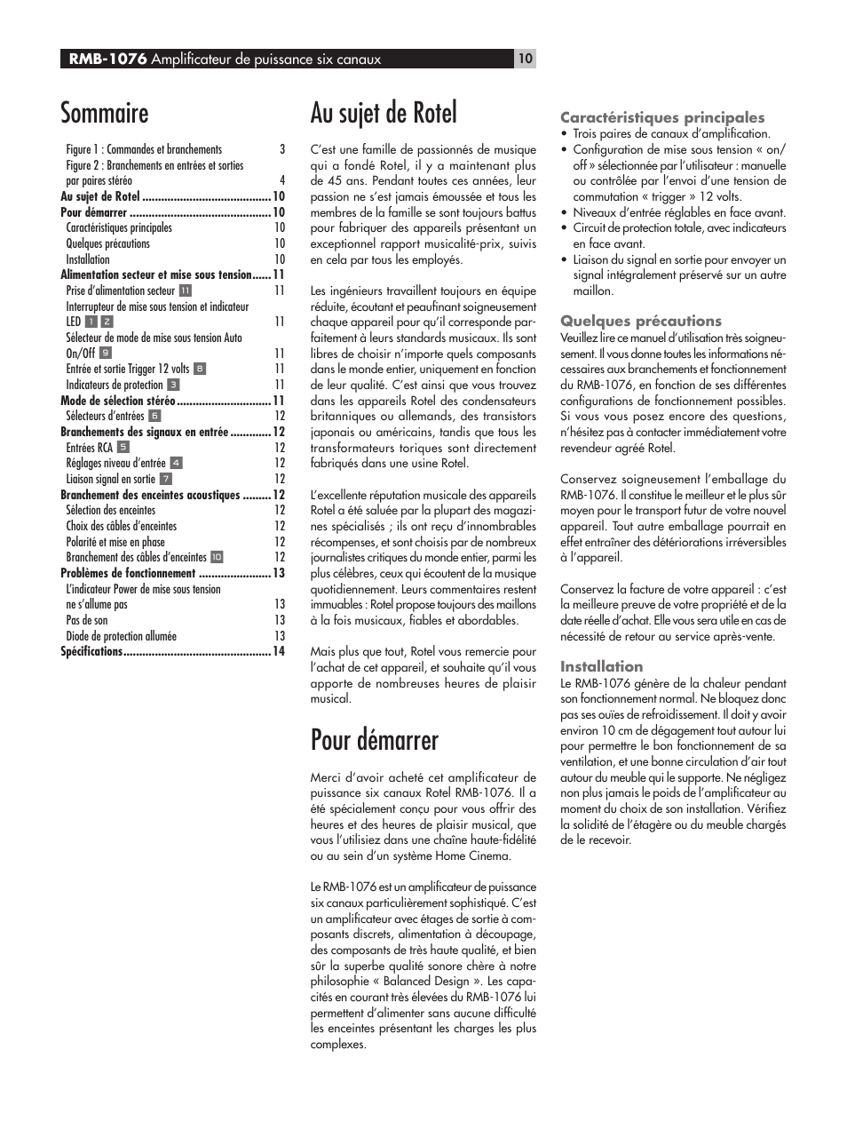 Sommaire, Au sujet de rotel, Pour démarrer | ROTEL RMB-1076 User Manual | Page 10 / 46