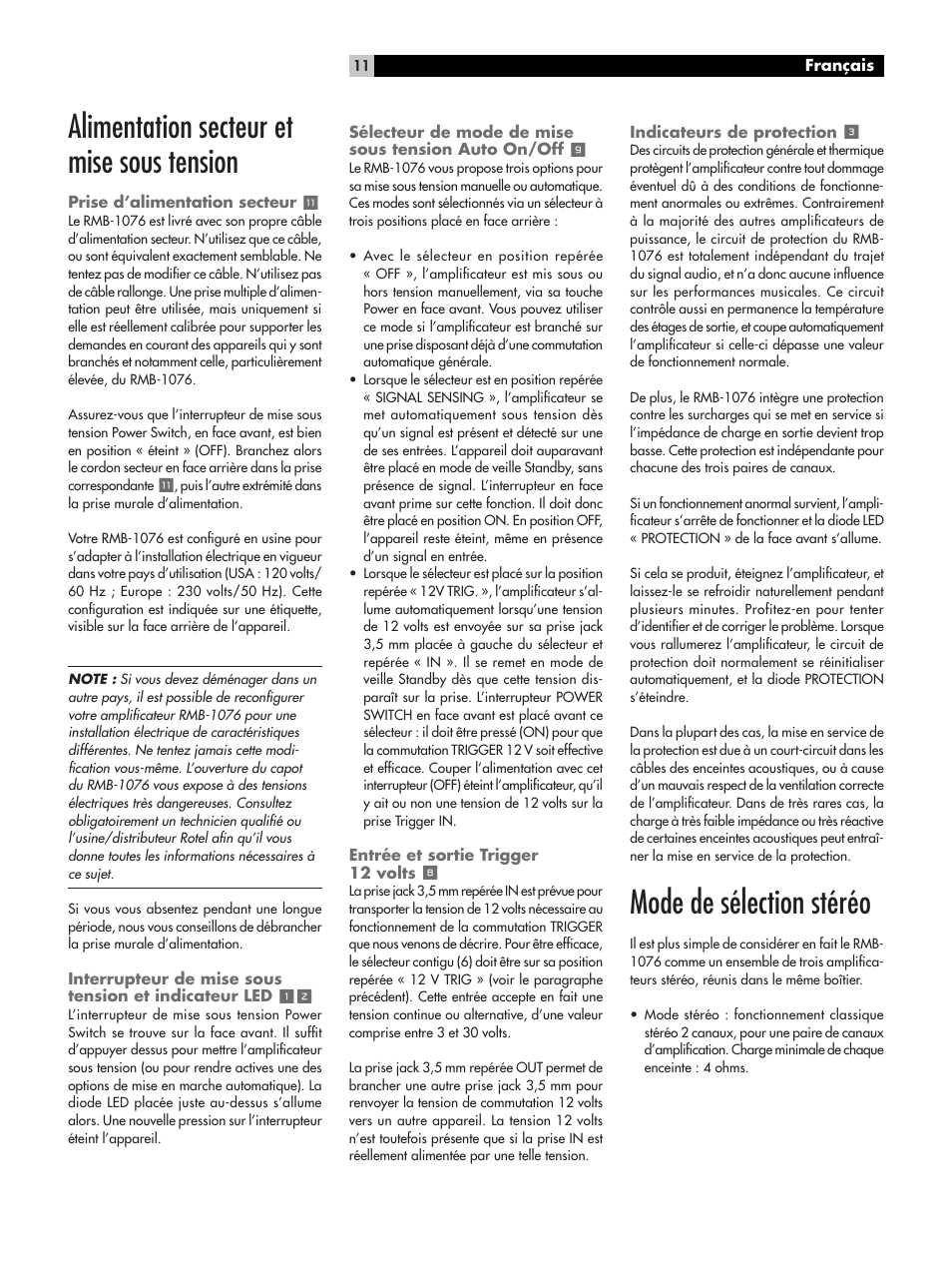 Alimentation secteur et mise sous tension, Mode de sélection stéréo | ROTEL RMB-1076 User Manual | Page 11 / 46