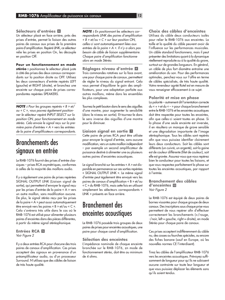 Branchements des signaux en entrée, Branchement des enceintes acoustiques | ROTEL RMB-1076 User Manual | Page 12 / 46