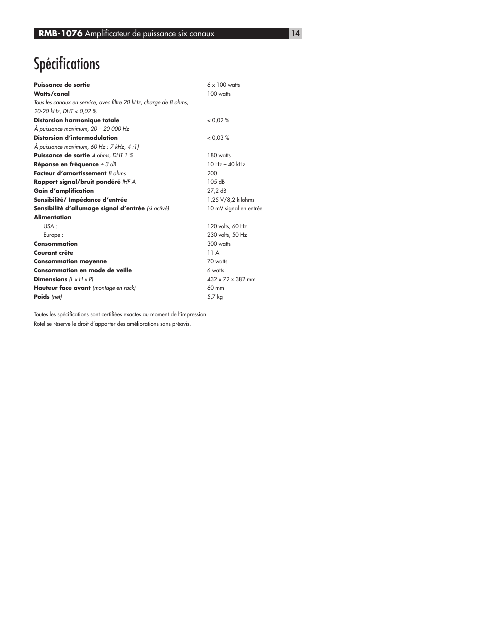 Spéciﬁcations, Rmb-1076 ampliﬁcateur de puissance six canaux | ROTEL RMB-1076 User Manual | Page 14 / 46