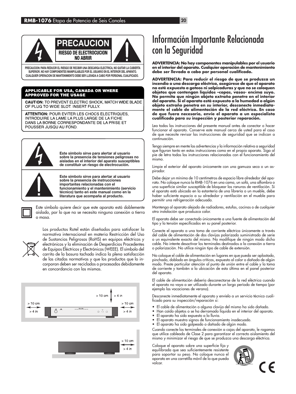 Precaucion, Riesgo de electrocucion no abrir | ROTEL RMB-1076 User Manual | Page 20 / 46