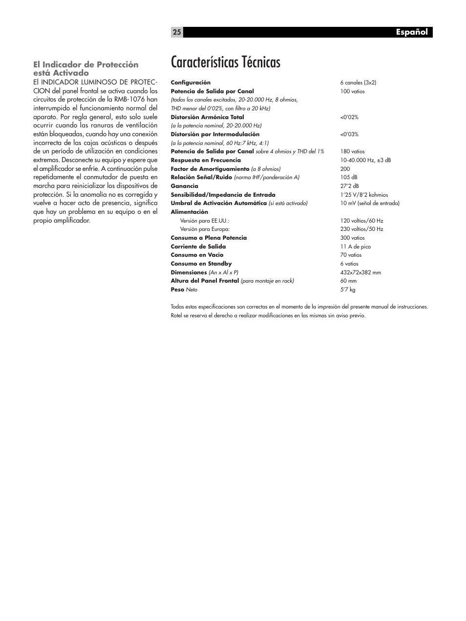 Características técnicas, Español el indicador de protección está activado | ROTEL RMB-1076 User Manual | Page 25 / 46