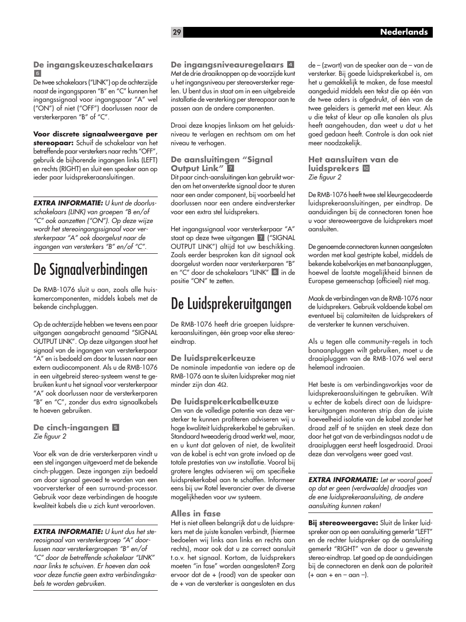 De signaalverbindingen, De luidsprekeruitgangen | ROTEL RMB-1076 User Manual | Page 29 / 46