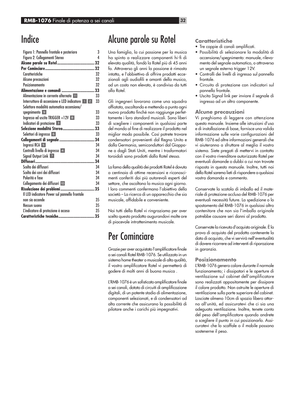 Indice, Alcune parole su rotel, Per cominciare | ROTEL RMB-1076 User Manual | Page 32 / 46