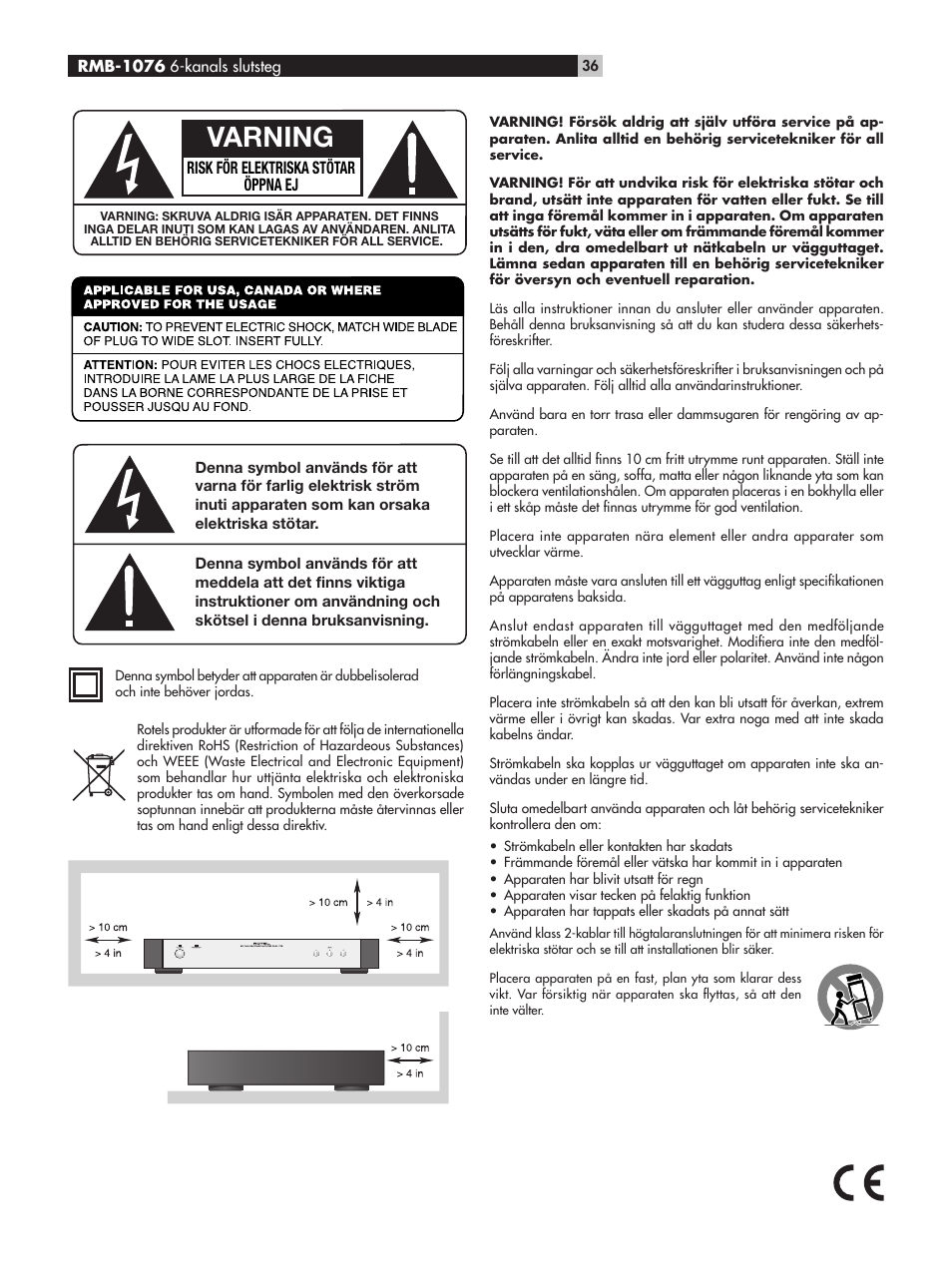 Varning, Risk för elektriska stötar öppna ej | ROTEL RMB-1076 User Manual | Page 36 / 46