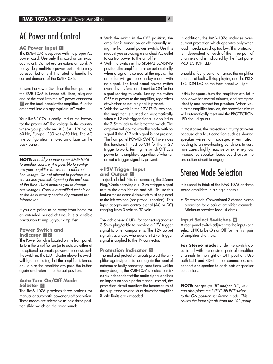 Ac power and control, Stereo mode selection | ROTEL RMB-1076 User Manual | Page 6 / 46