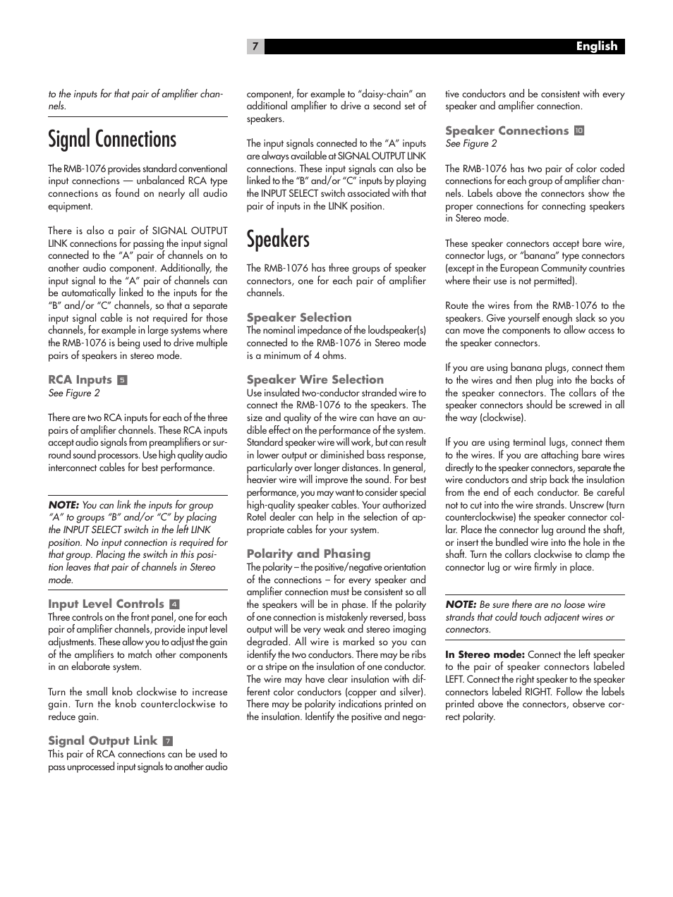 Signal connections, Speakers | ROTEL RMB-1076 User Manual | Page 7 / 46