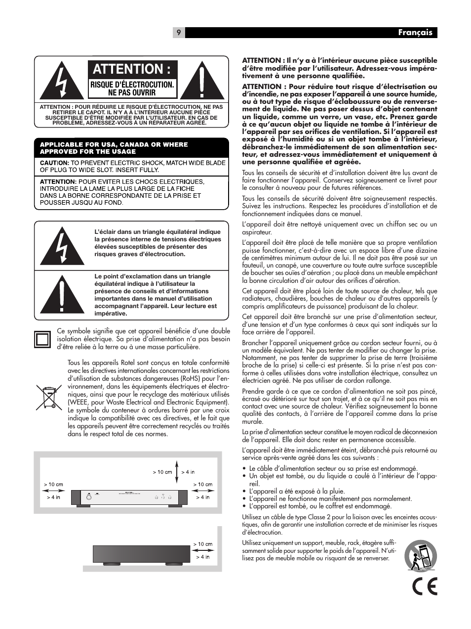 Attention, Risque d’électrocution. ne pas ouvrir | ROTEL RMB-1076 User Manual | Page 9 / 46