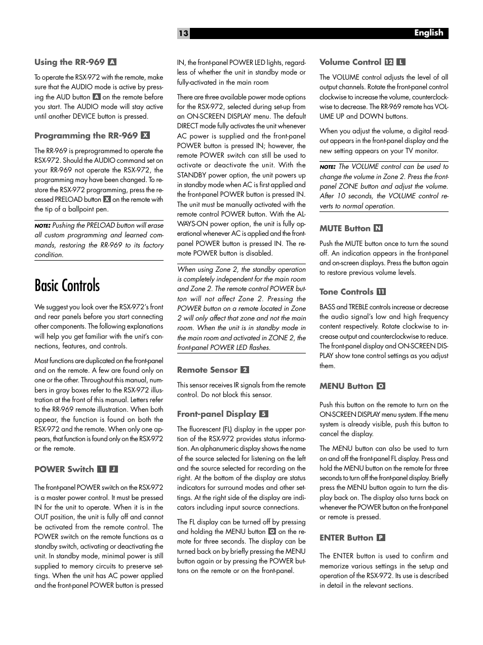 Using the rr-969, Programming the rr-969, Basic controls | Power switch, Remote sensor, Front-panel display, Volume control, Mute button, Tone controls, Menu button | ROTEL RSX-972 User Manual | Page 13 / 68