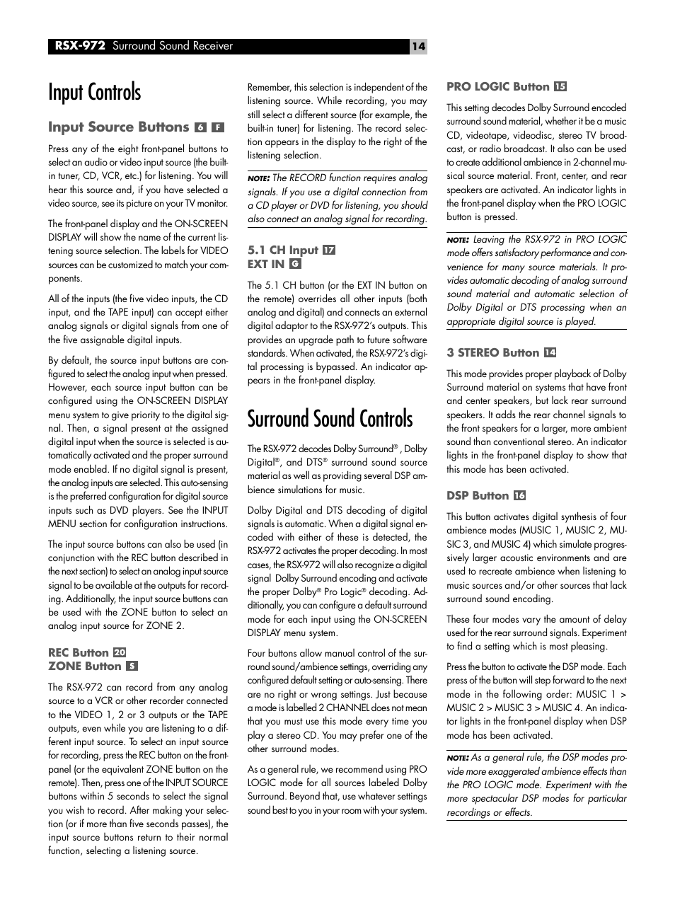 Input controls, Input source buttons, Rec button zone button | 1 ch input ext in, Surround sound controls, Pro logic button, 3 stereo button, Dsp button, Surround sound controls pro logic button | ROTEL RSX-972 User Manual | Page 14 / 68