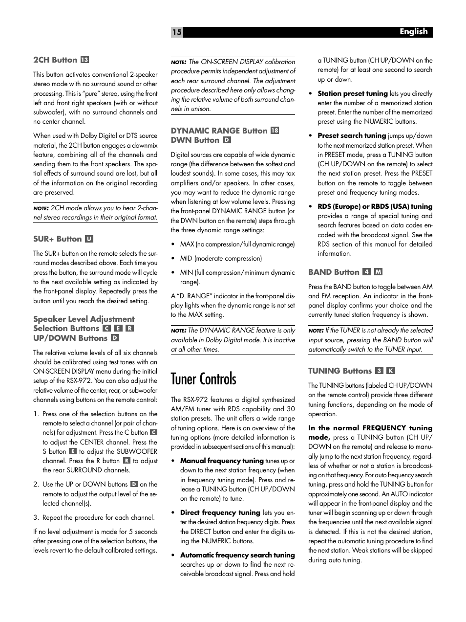 2ch button, Sur+ button, Dynamic range button dwn button | Tuner controls, Band button, Tuning buttons, Speaker level adjustment selection buttons, Up/down buttons, Tuner controls band button | ROTEL RSX-972 User Manual | Page 15 / 68