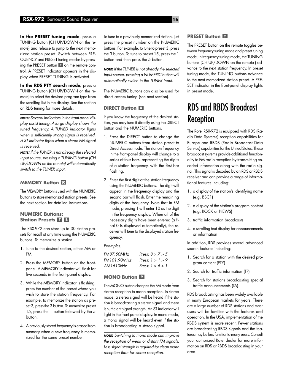 Memory button, Numeric buttons: station presets, Direct button | Mono button, Preset button, Rds and rbds broadcast reception | ROTEL RSX-972 User Manual | Page 16 / 68
