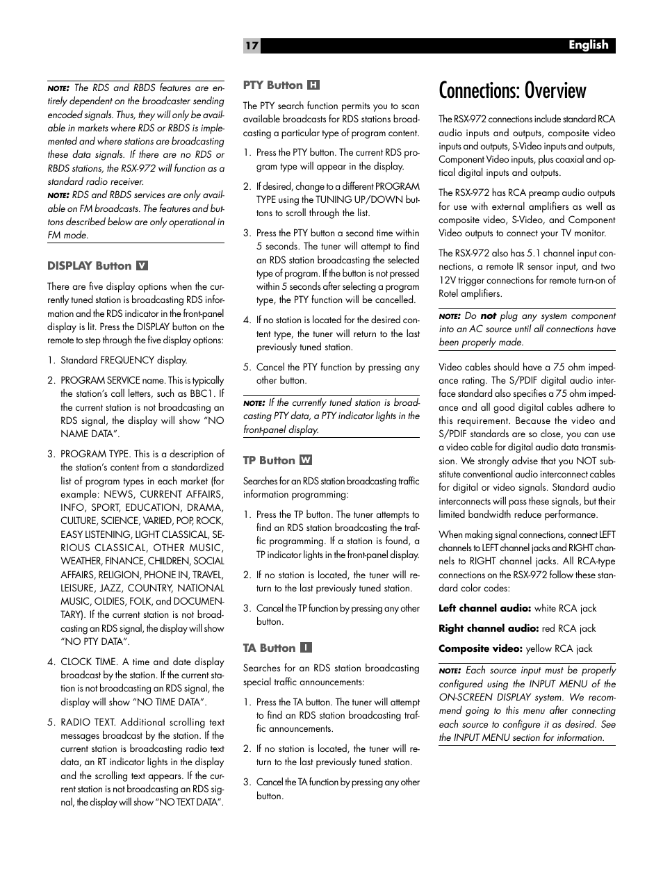 Display button, Pty button, Tp button | Ta button, Connections: overview | ROTEL RSX-972 User Manual | Page 17 / 68