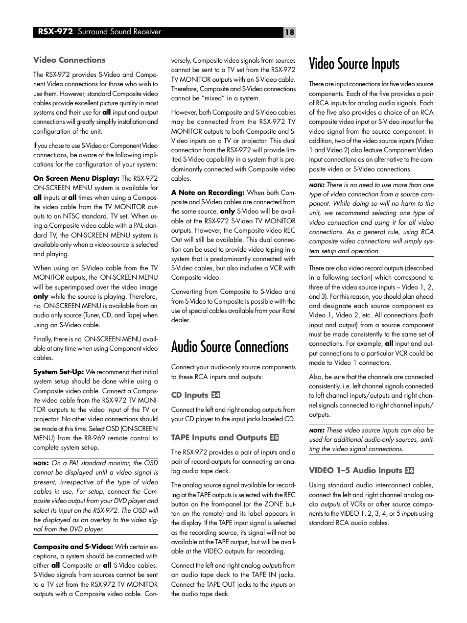 Video connections, Audio source connections, Cd inputs | Tape inputs and outputs, Video source inputs, Video 1-5 audio inputs, Audio source connections cd inputs, Video source inputs video 1–5 audio inputs, Video 1–5 composite video inputs | ROTEL RSX-972 User Manual | Page 18 / 68