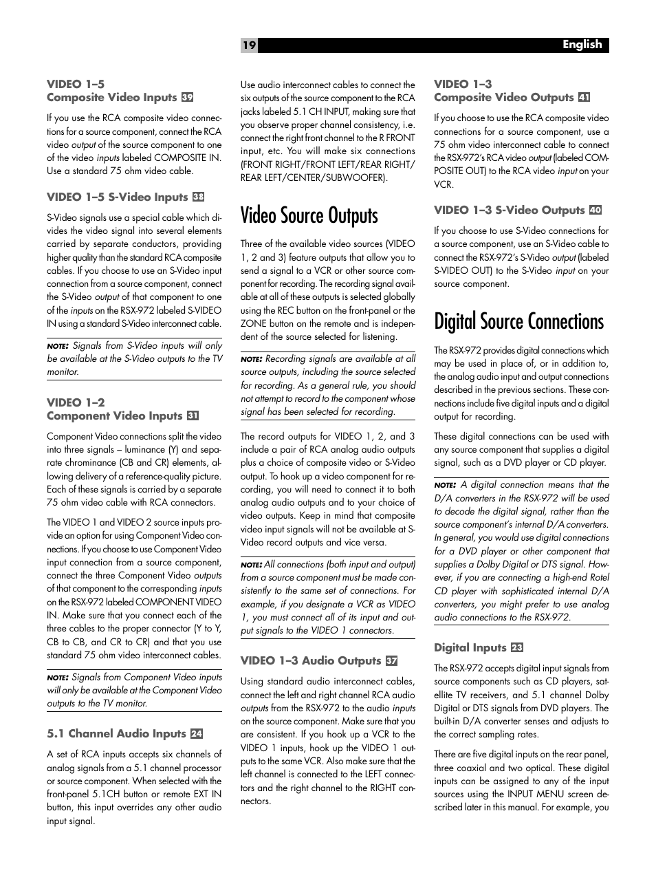 Video 1-5 composite video inputs, Video 1-5 s-video inputs, Video 1-2 component video inputs | 1 channel audio inputs, Video source outputs, Video 1-3 audio outputs, Video 1-3 composite video outputs, Video 1-3 s-video outputs, Digital source connections, Digital inputs | ROTEL RSX-972 User Manual | Page 19 / 68