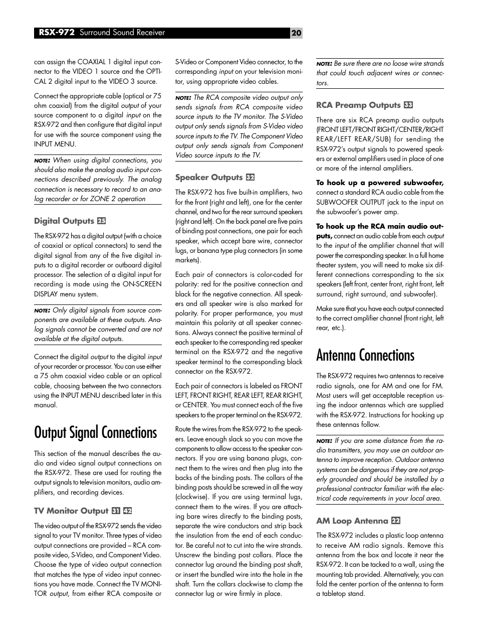 Digital outputs, Output signal connections, Tv monitor output | Speaker outputs, Rca preamp outputs, Antenna connections, Am loop antenna, Output signal connections tv monitor output | ROTEL RSX-972 User Manual | Page 20 / 68