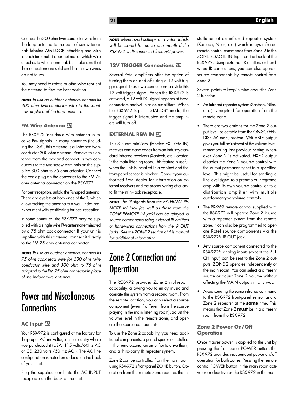 Fm wire antenna, Power and miscellaneous connections, Ac input | 12v trigger connections, External rem in, Zone 2 connection and operation, Zone 2 power on/off operation, Power and miscellaneous connections ac input | ROTEL RSX-972 User Manual | Page 21 / 68