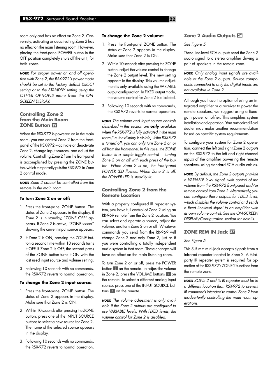Controlling zone 2 from the main room zone button, Controlling zone 2 from the remote location, Zone 2 audio outputs | Zone rem in jack, Ir out jacks | ROTEL RSX-972 User Manual | Page 22 / 68