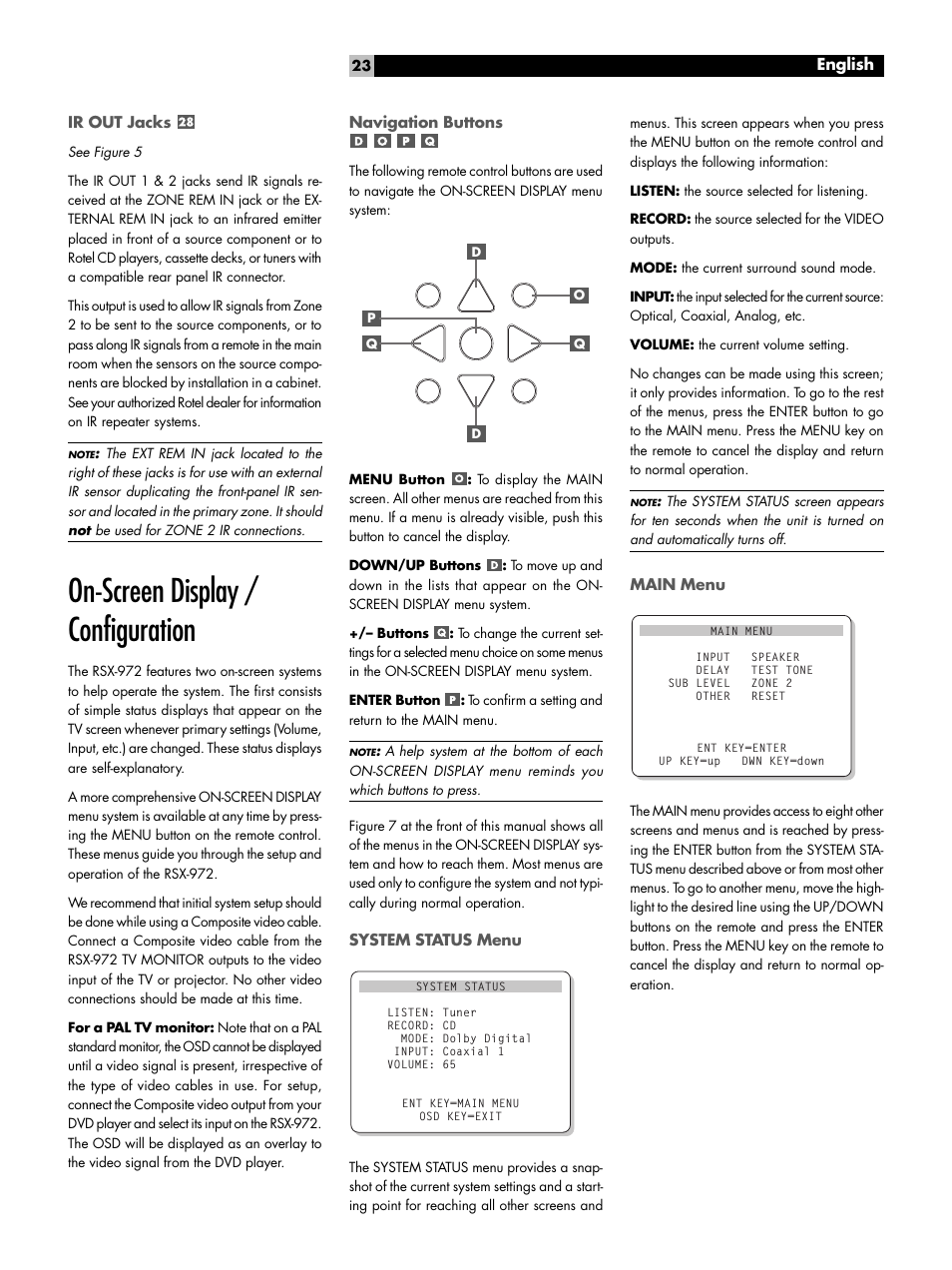 Ir out jacks, On-screen display / configuration, Navigation buttons | System status menu, Main menu, Input menu | ROTEL RSX-972 User Manual | Page 23 / 68