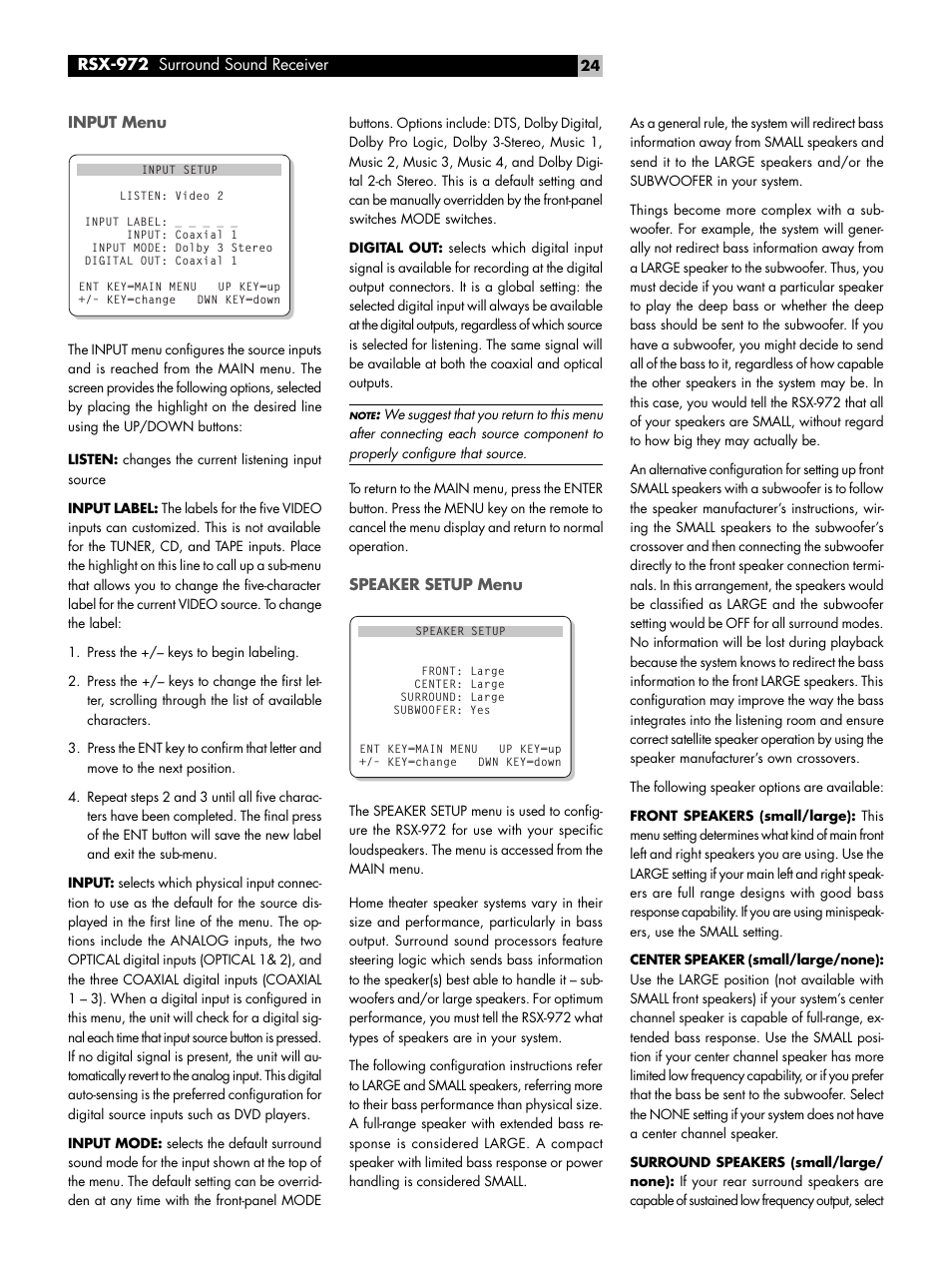 Input menu, Speaker setup menu | ROTEL RSX-972 User Manual | Page 24 / 68