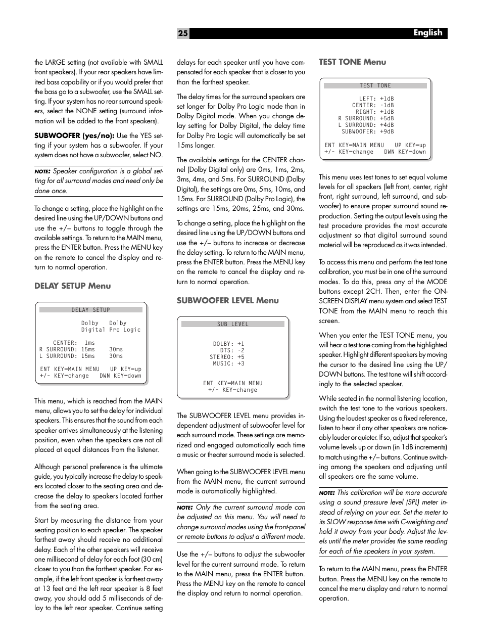 Delay setup menu, Subwoofer level menu, Test tone menu | Other options menu, English | ROTEL RSX-972 User Manual | Page 25 / 68