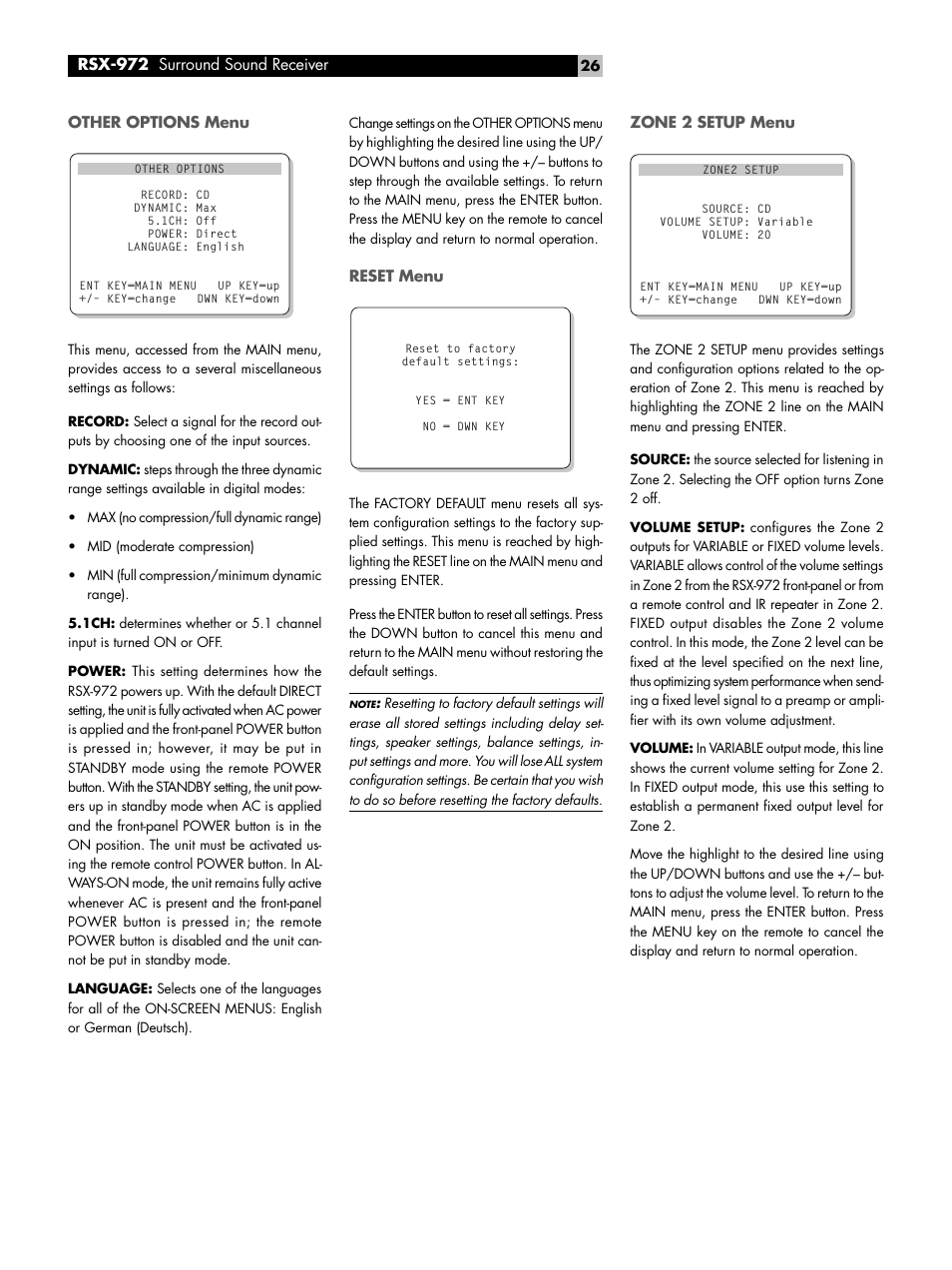 Other options menu, Reset menu, Zone 2 setup menu | ROTEL RSX-972 User Manual | Page 26 / 68