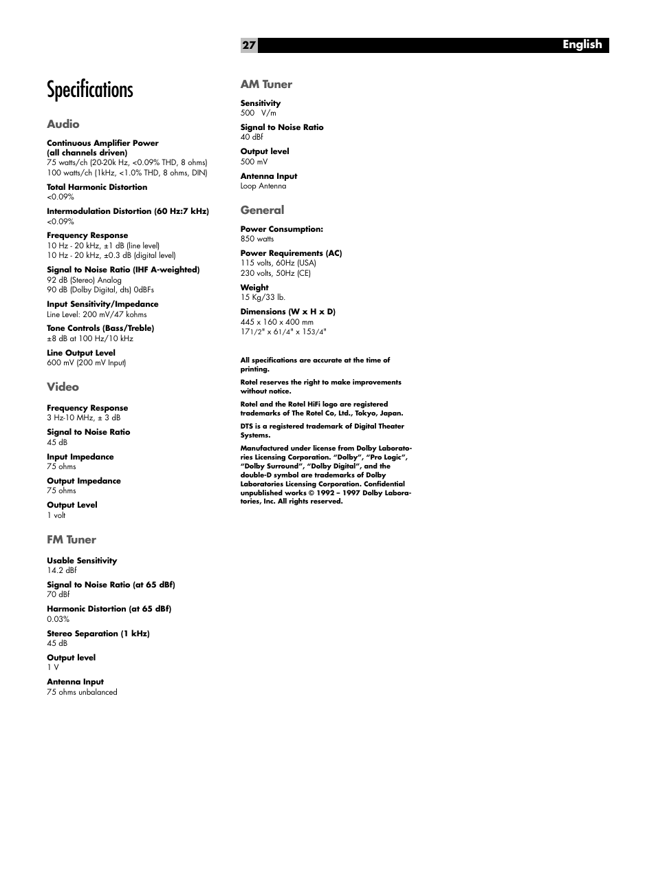 Specifications, Audio, Video | Fm tuner, Am tuner, General, English | ROTEL RSX-972 User Manual | Page 27 / 68