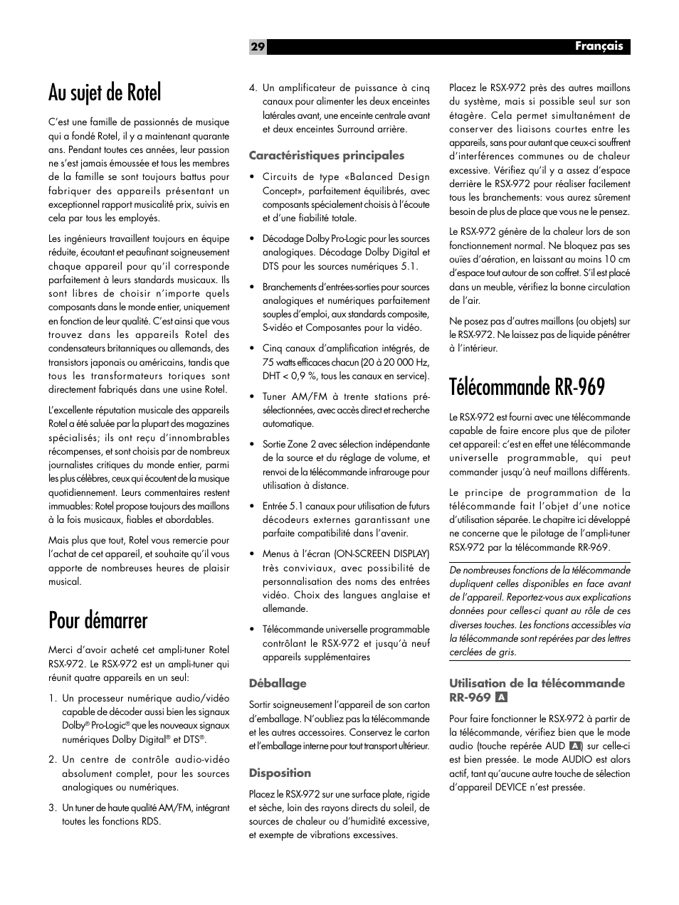 Commandes et branchements 4, Pour démarrer, Caractéristiques principales | Déballage, Disposition, Télécommande rr-969, Utilisation de la télécommande rr-969, Programmation de la rr-969, Au sujet de rotel | ROTEL RSX-972 User Manual | Page 29 / 68