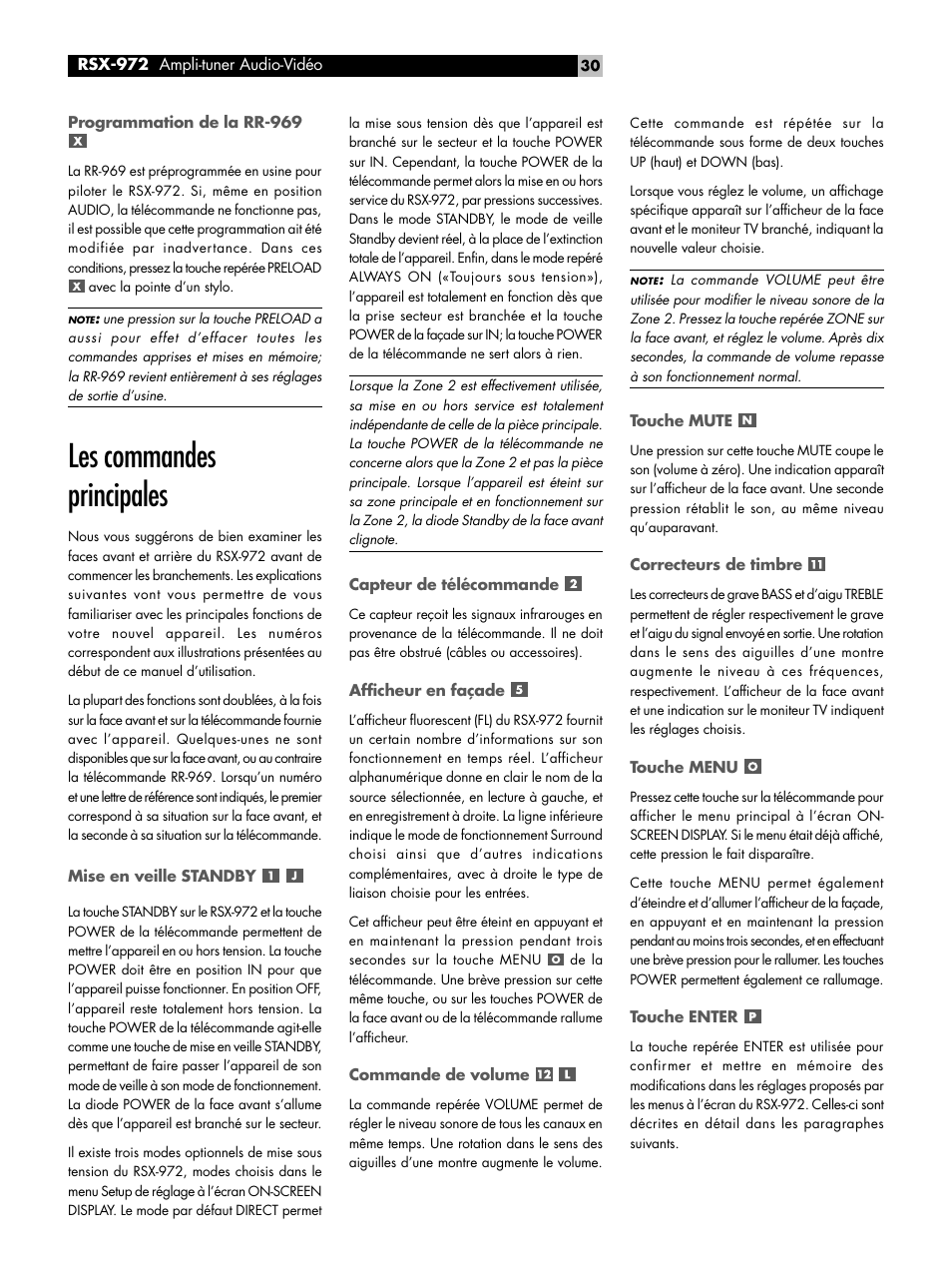 Programmation de la rr-969, Les commandes principales, Mise en veille standby | Capteur de télécommande, Afficheur en façade, Commande de volume, Touche mute, Correcteurs de timbre, Touche menu, Touche enter | ROTEL RSX-972 User Manual | Page 30 / 68