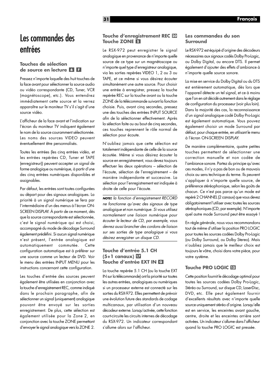 Les commandes des entrées, Touches de sélection de source en lecture, Touche d'enregistrement rec touche zone | Les commandes du son surround, Touche pro logic, Touche d’enregistrement rec touche zone | ROTEL RSX-972 User Manual | Page 31 / 68