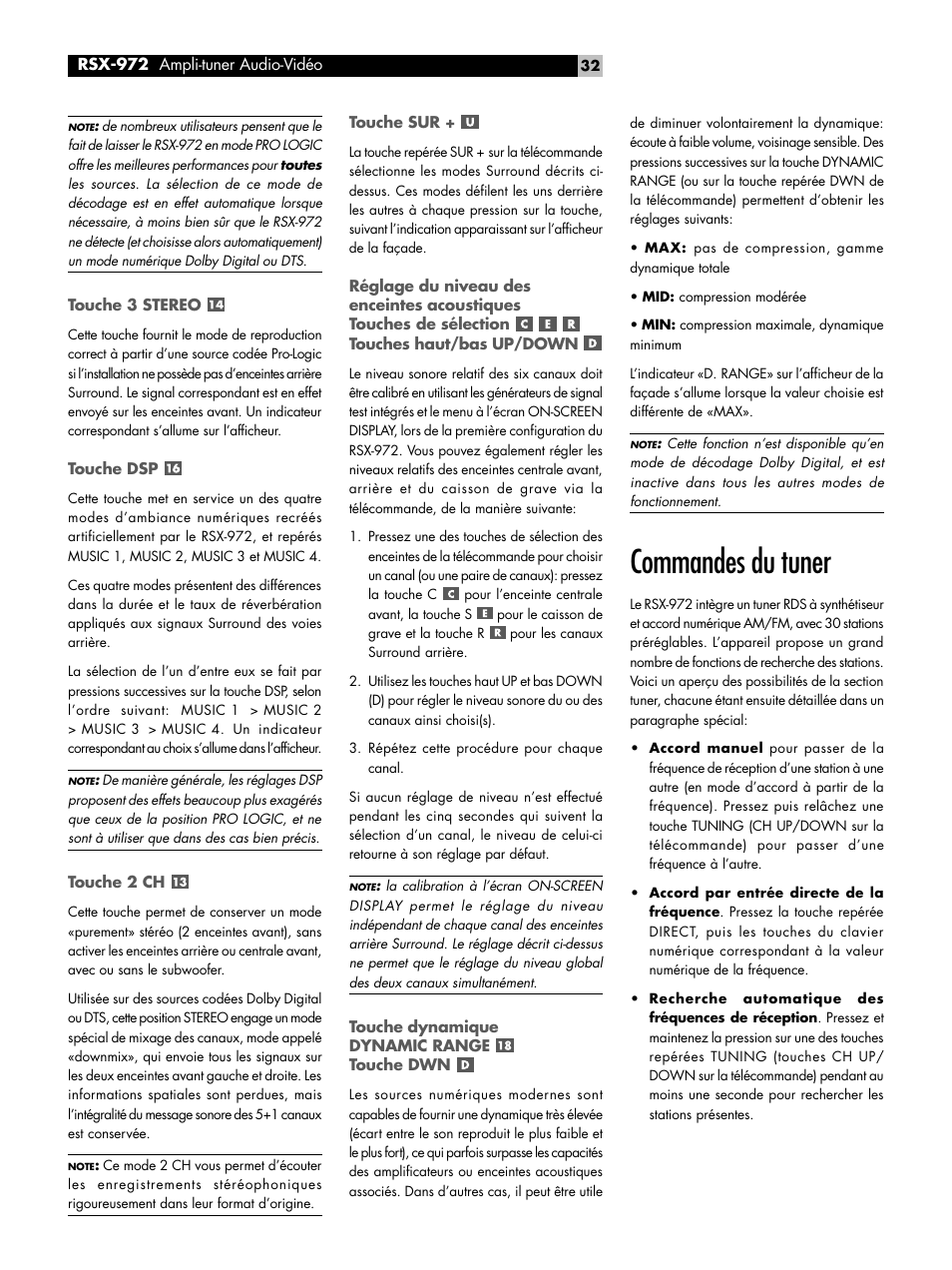 Touche 3 stereo, Touche dsp, Touche 2 ch | Touche sur, Touche dynamique dynamic range touche dwn, Commandes du tuner, Touches haut/bas up/down | ROTEL RSX-972 User Manual | Page 32 / 68