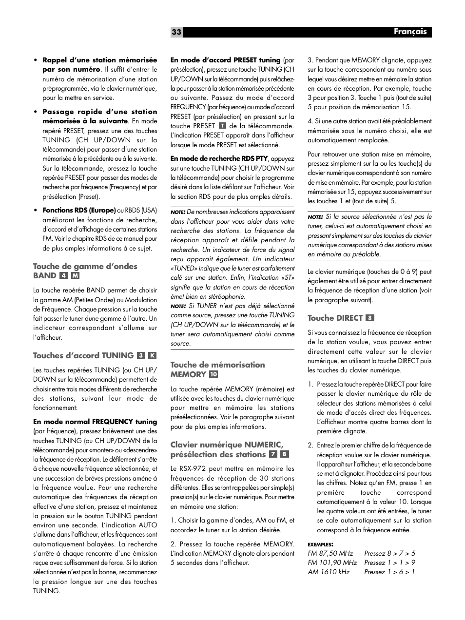 Touche de gamme d'ondes band, Touches d'accord tuning, Touche de mémorisation memory | Touche direct, Touche de gamme d’ondes band, Touches d’accord tuning, Touche mono | ROTEL RSX-972 User Manual | Page 33 / 68