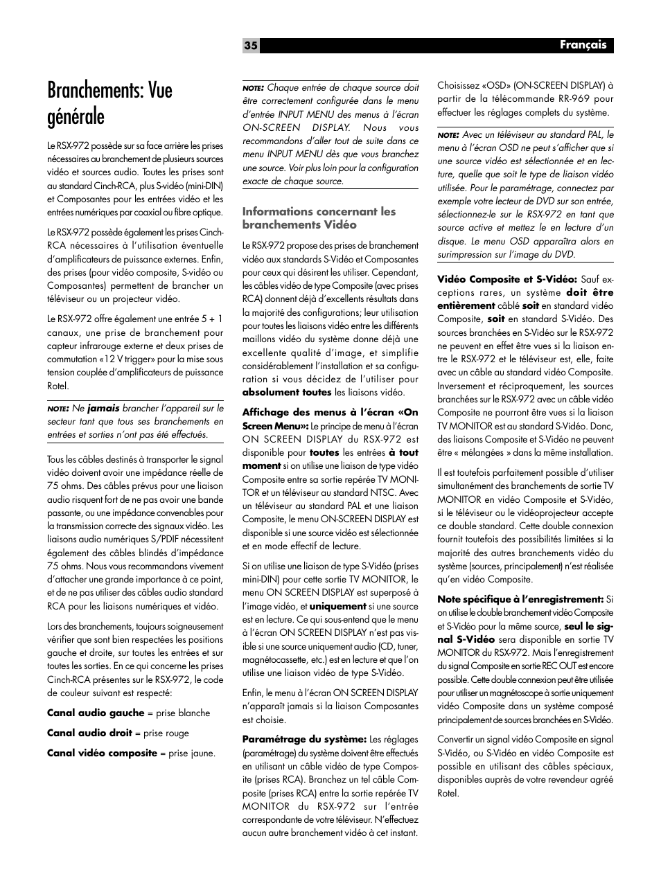Branchements: vue générale, Informations concernant les branchements vidéo, Branchements des sources audio | ROTEL RSX-972 User Manual | Page 35 / 68