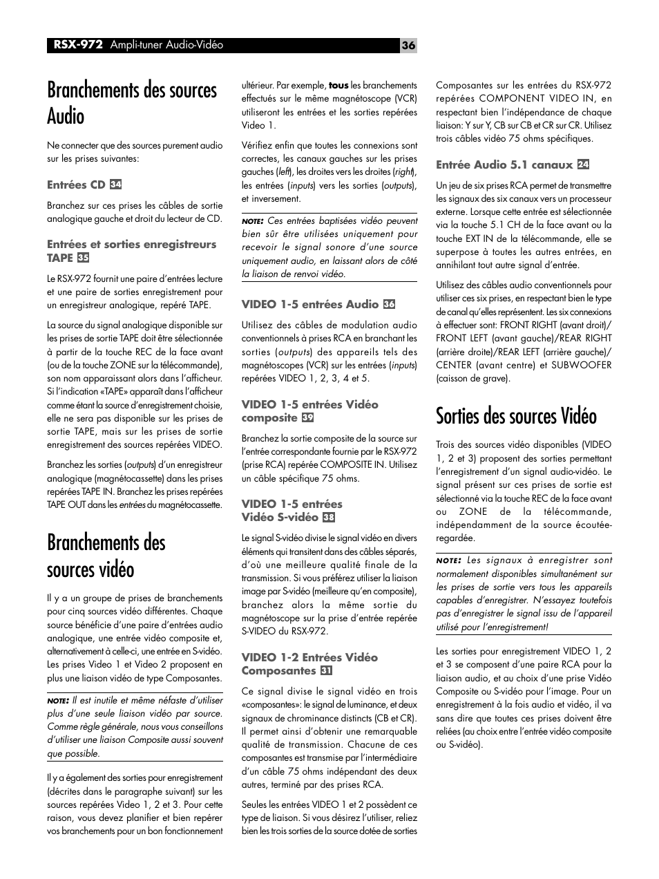 Branchements des sources audio, Entrées cd, Entrées et sorties enregistreurs tape | Branchements des sources vidéo, Video 1-5 entrées audio, Video 1-5 entrées vidéo composite, Video 1-5 entrées vidéo s-vidéo, Video 1-2 entrées vidéo composantes, Entrée audio 5.1 canaux, Sorties des sources vidéo | ROTEL RSX-972 User Manual | Page 36 / 68