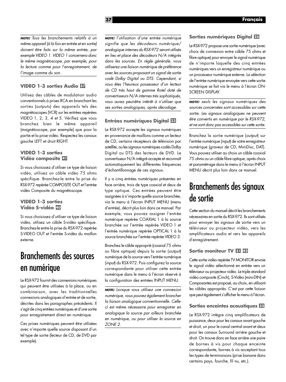 Video 1-3 sorties audio, Video 1-3 sorties vidéo composite, Video 1-3 sorties vidéo s-vidéo | Branchements des sources en numérique, Entrées numériques digital, Sorties numériques digital, Branchements des signaux de sortie, Sortie moniteur tv, Sorties enceintes acoustiques | ROTEL RSX-972 User Manual | Page 37 / 68