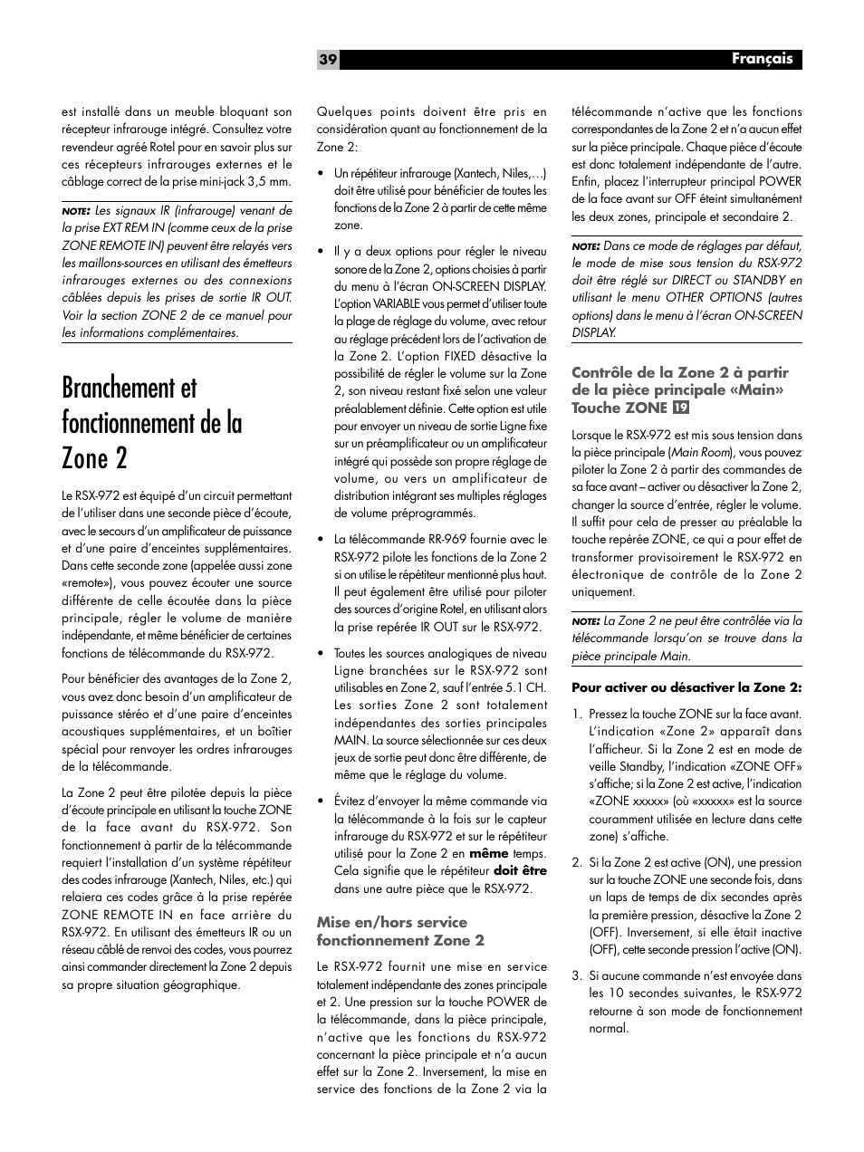 Branchement et fonctionnement de la zone 2, Mise en/hors service fonctionnement zone 2 | ROTEL RSX-972 User Manual | Page 39 / 68