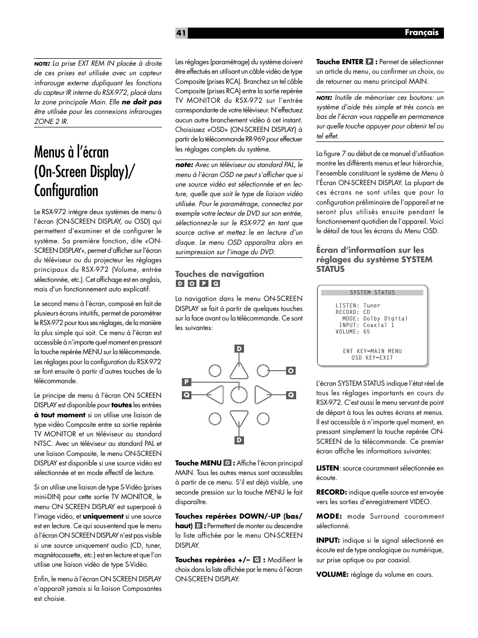 Menus à l'écran (on-screen display)/configuration, Touches de navigation, Menus à l’écran (on-screen display)/ configuration | ROTEL RSX-972 User Manual | Page 41 / 68