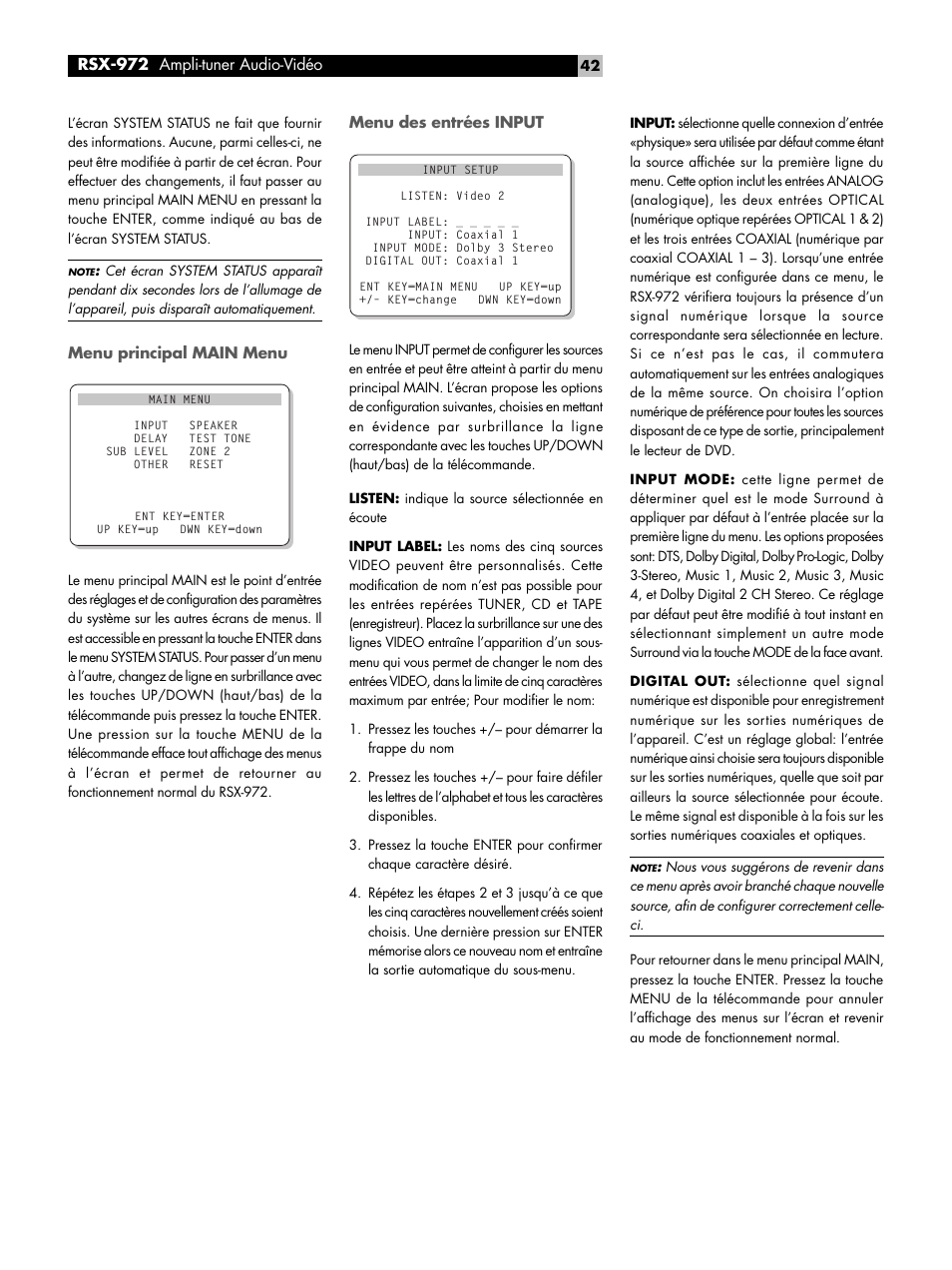 Menu principal main menu, Menu des entrées input | ROTEL RSX-972 User Manual | Page 42 / 68