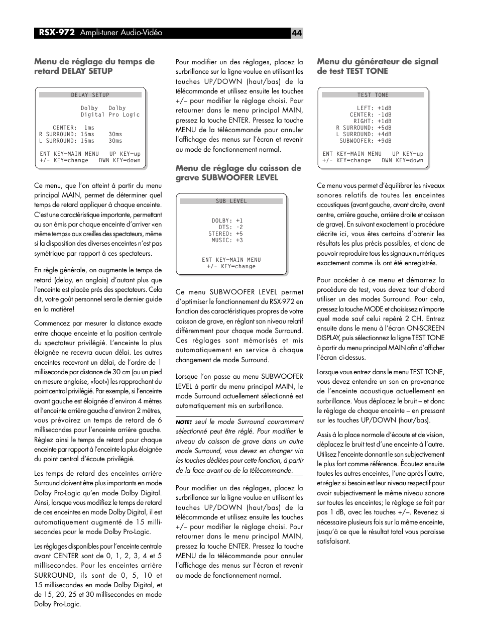 Menu de réglage du temps de retard delay setup, Menu du générateur de signal de test test tone, Rsx-972 ampli-tuner audio-vidéo | ROTEL RSX-972 User Manual | Page 44 / 68