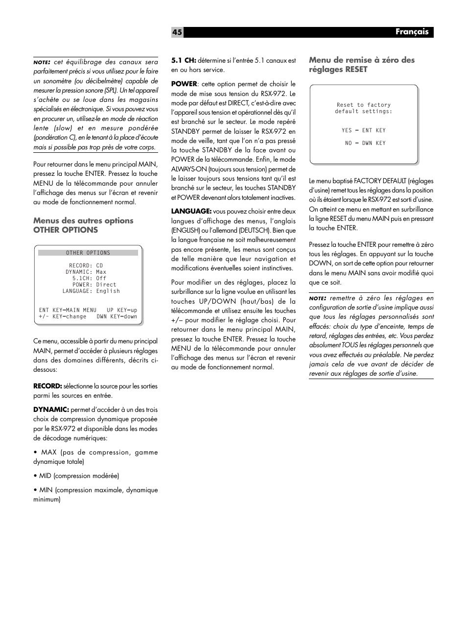 Menus des autres options other options, Menu de remise à zéro des réglages reset, Menu de réglage de la zone 2 zone 2 setup | Français | ROTEL RSX-972 User Manual | Page 45 / 68