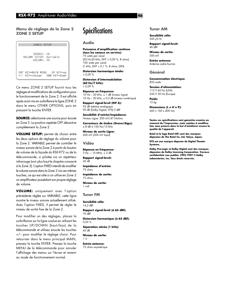 Menu de réglage de la zone 2 zone 2 setup, Spécifications, Audio | Vidéo, Tuner fm, Tuner am, Général, Rsx-972 ampli-tuner audio-vidéo | ROTEL RSX-972 User Manual | Page 46 / 68