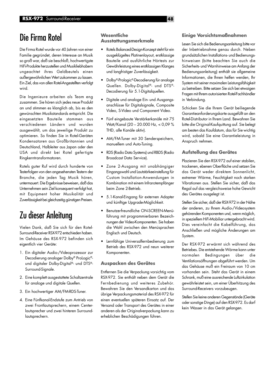 Die firma rotel, Zu dieser anleitung | ROTEL RSX-972 User Manual | Page 48 / 68