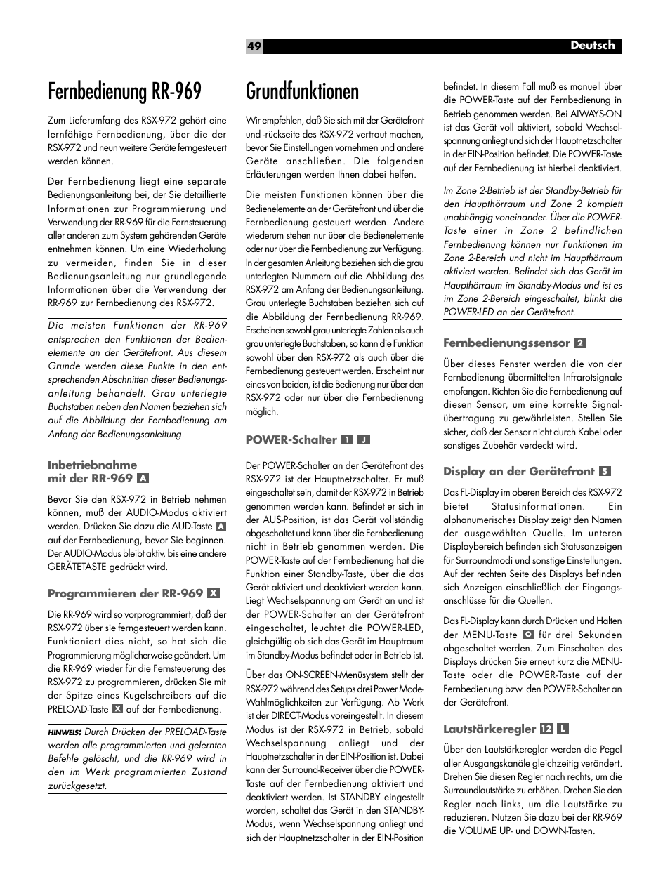 Fernbedienung rr-969, Grundfunktionen | ROTEL RSX-972 User Manual | Page 49 / 68