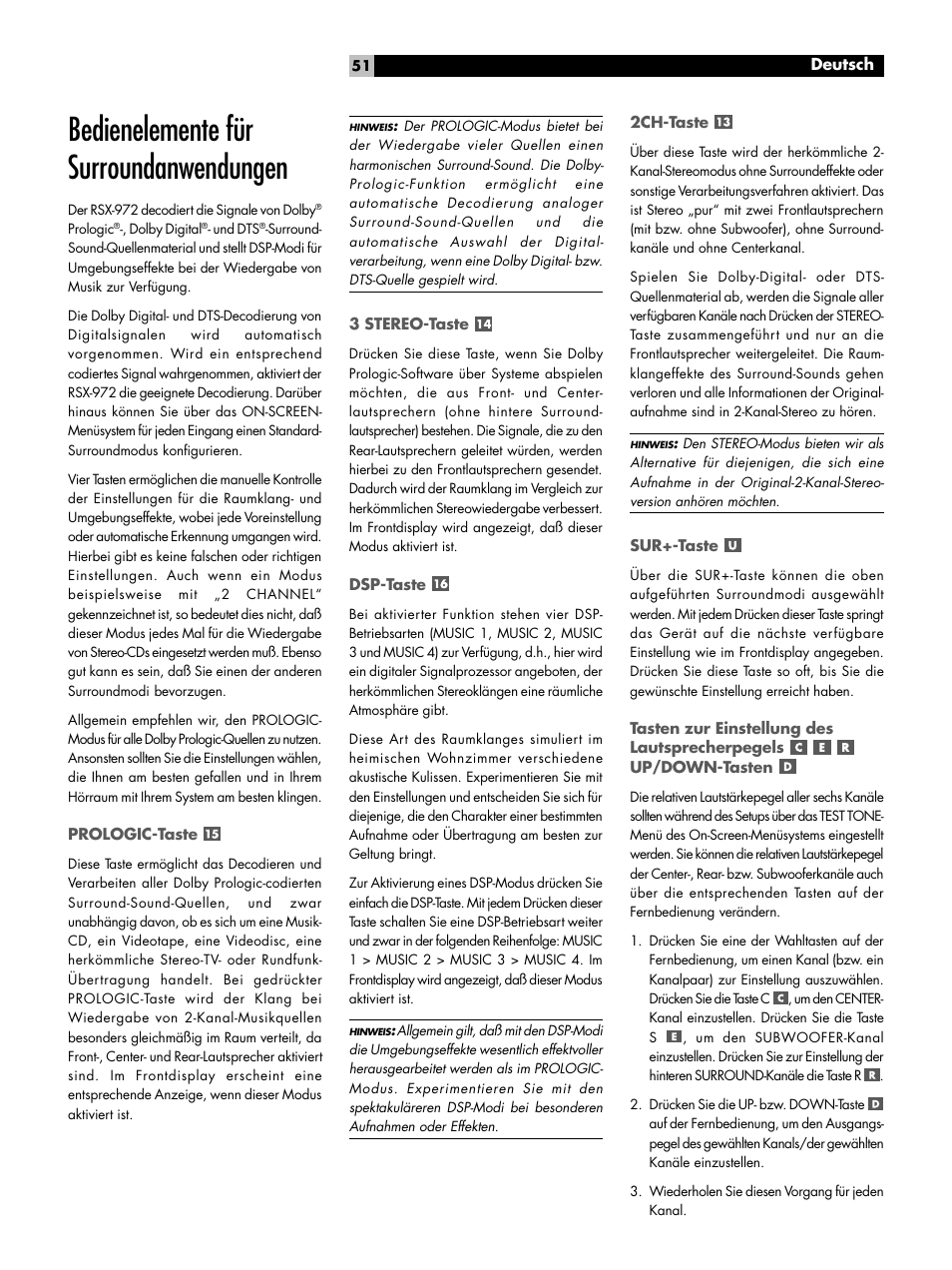 Bedienelemente für surroundanwendungen | ROTEL RSX-972 User Manual | Page 51 / 68
