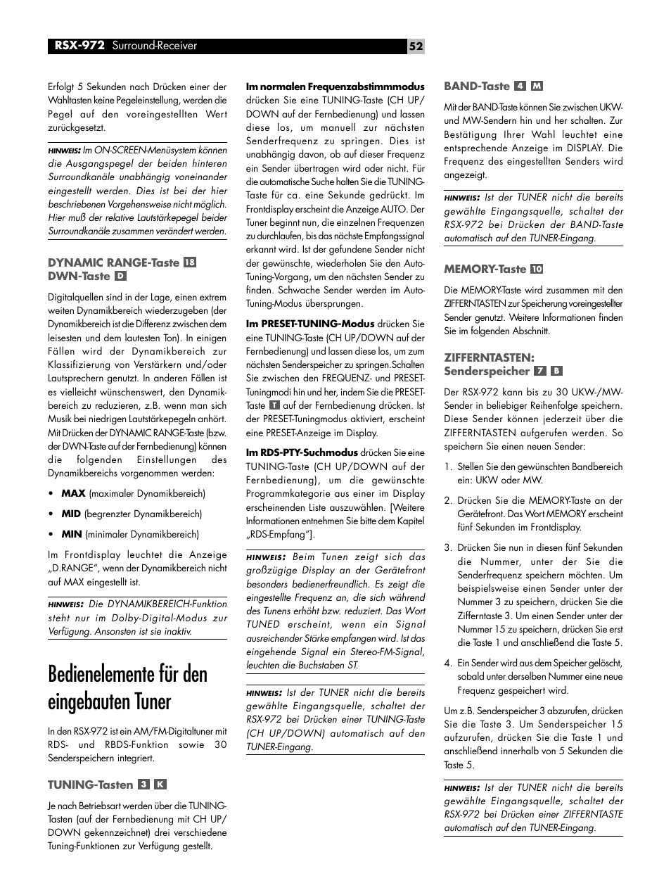 Bedienelemente für den eingebauten tuner | ROTEL RSX-972 User Manual | Page 52 / 68