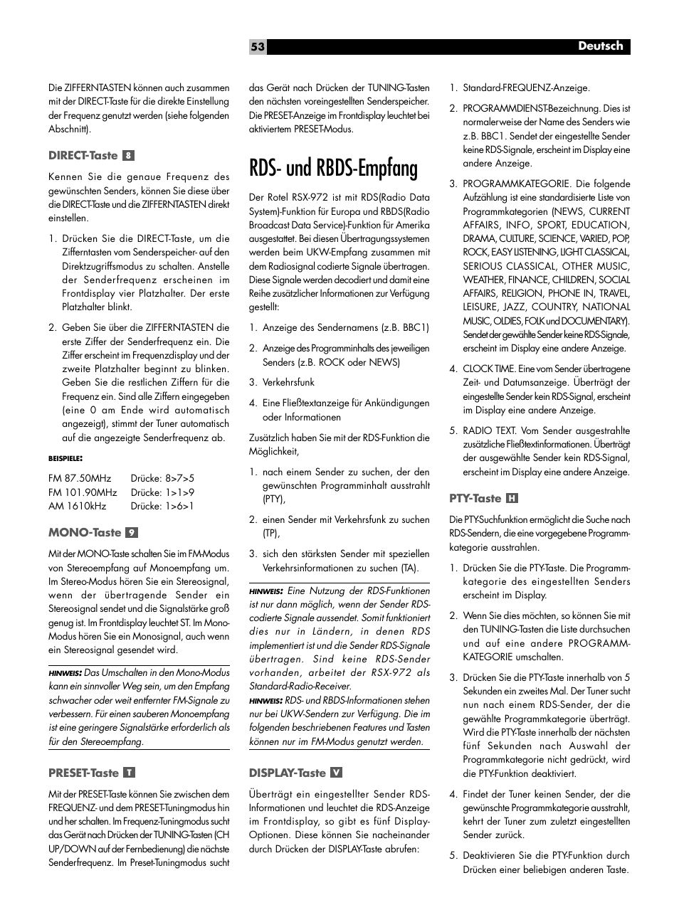Rds- und rbds-empfang | ROTEL RSX-972 User Manual | Page 53 / 68