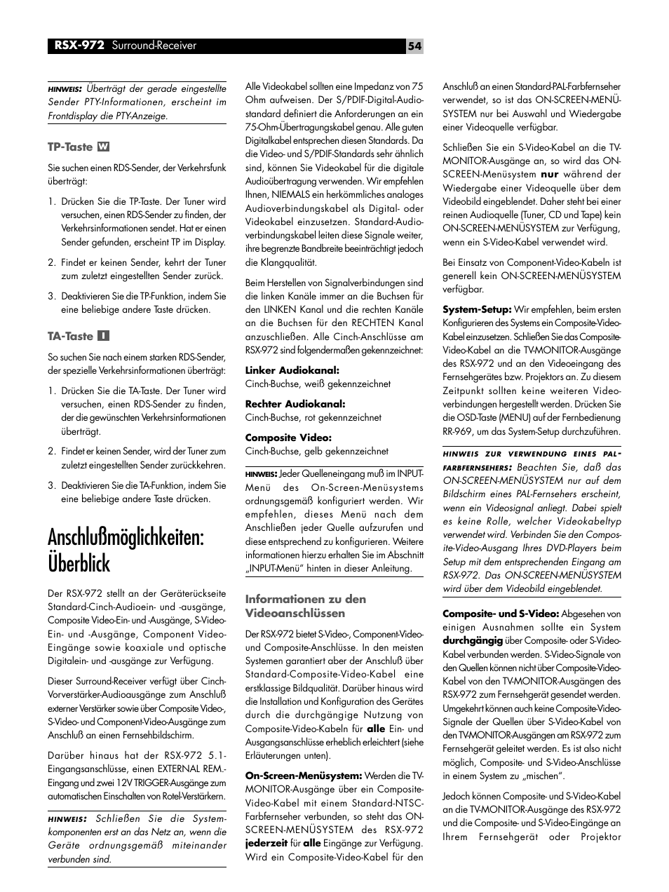 Anschlußmöglichkeiten: überblick | ROTEL RSX-972 User Manual | Page 54 / 68