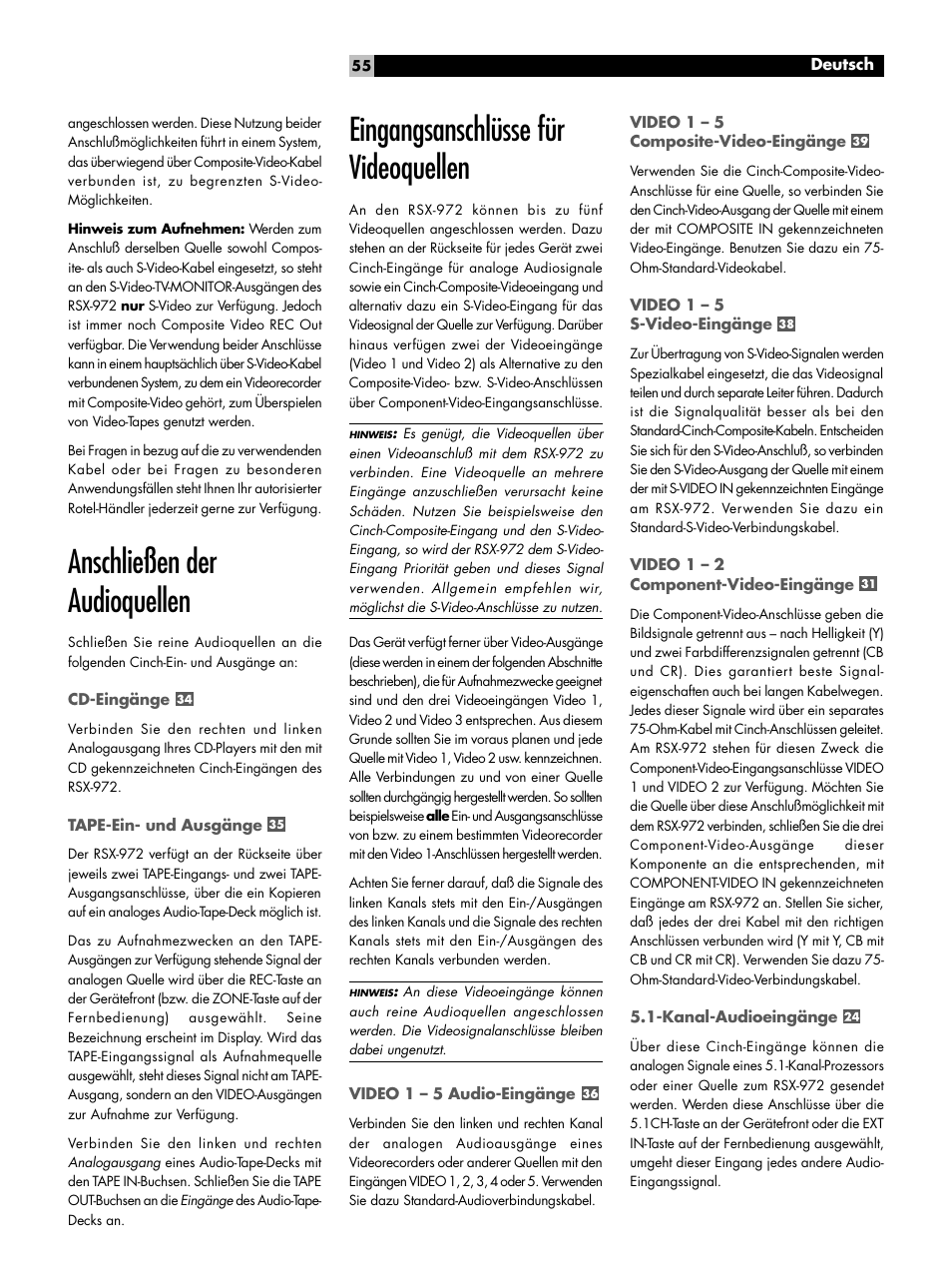 Anschließen der audioquellen, Eingangsanschlüsse für videoquellen | ROTEL RSX-972 User Manual | Page 55 / 68