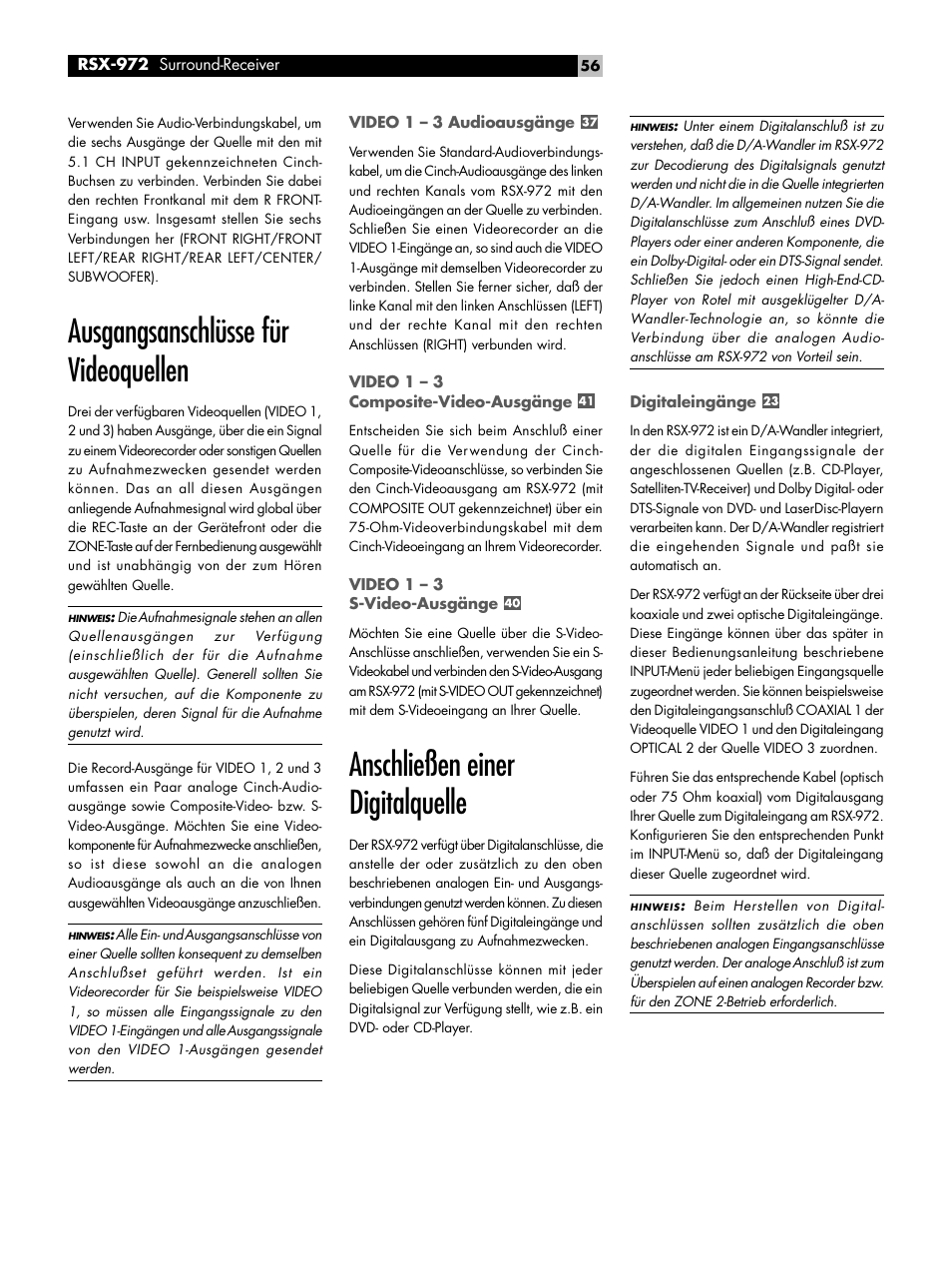 Ausgangsanschlüsse für videoquellen, Anschließen einer digitalquelle | ROTEL RSX-972 User Manual | Page 56 / 68