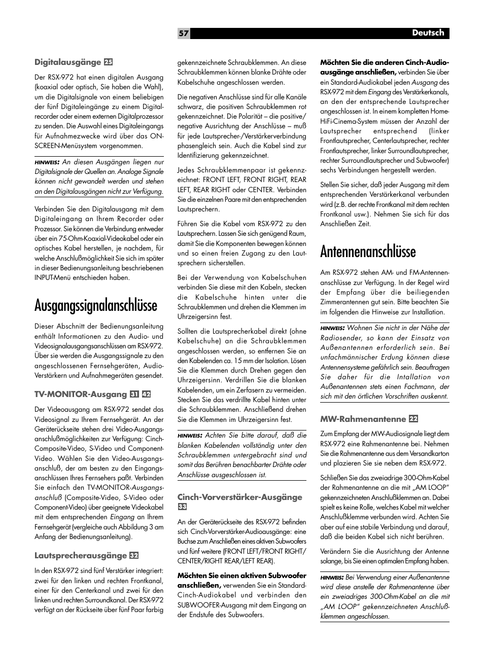 Ausgangssignalanschlüsse, Antennenanschlüsse | ROTEL RSX-972 User Manual | Page 57 / 68